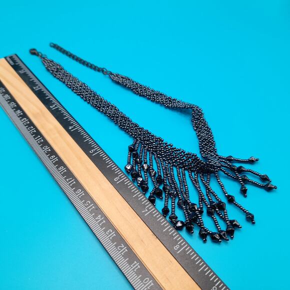 Vintage Hand Woven Seed Bead Fringe Necklace, Metallic Black, 15 1/2" - Picture 7 of 8